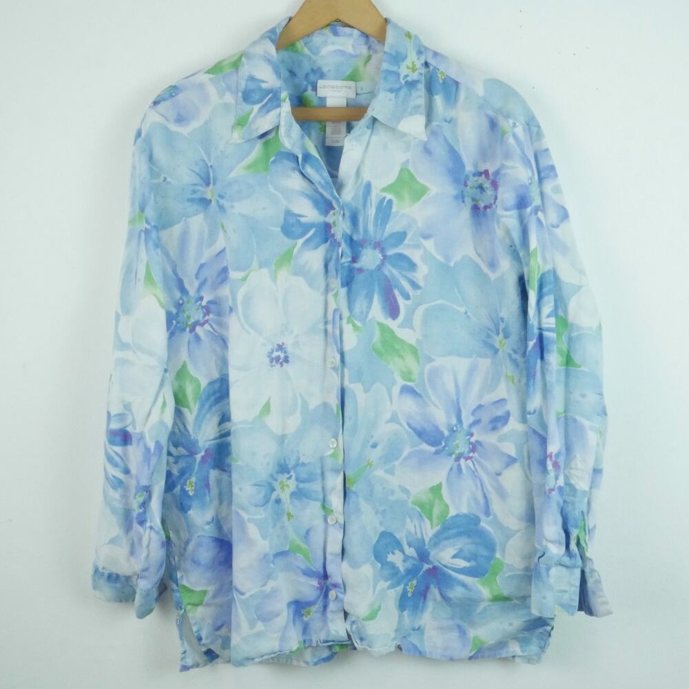 Liz Claiborne Large Linen Button Up Top Pastel Blue Floral Preppy Beachy Coastal